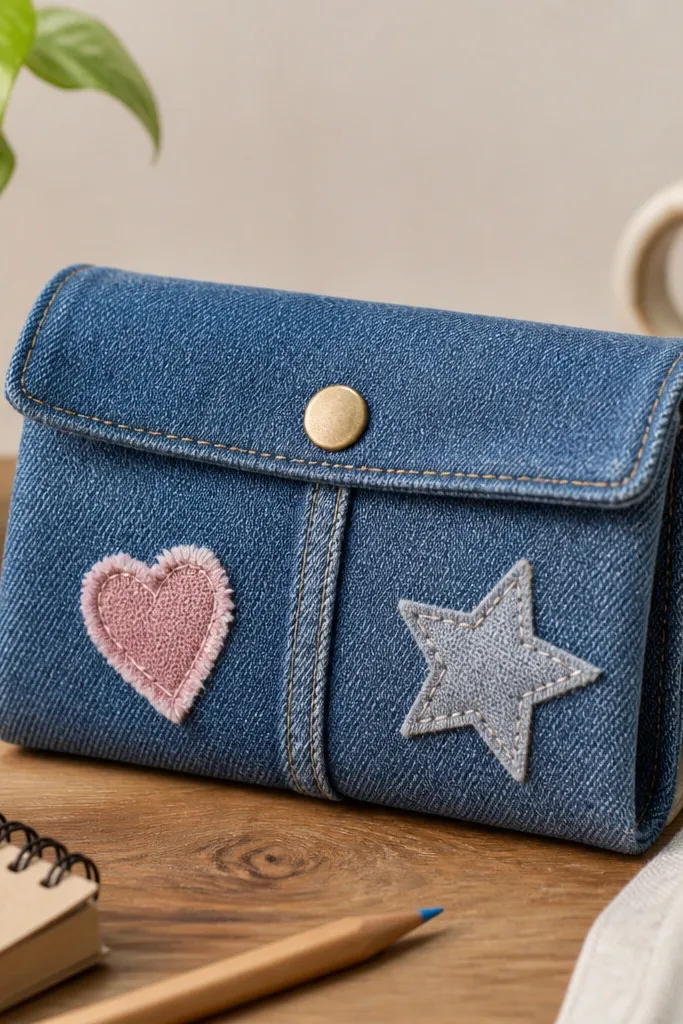 A denim pouch sitting on a desk. It has two compartments separated by a stitched denim panel. Patches of fabric are sewn on the front - a small embroidered heart and a stitched star. The pouch closes with a snap.