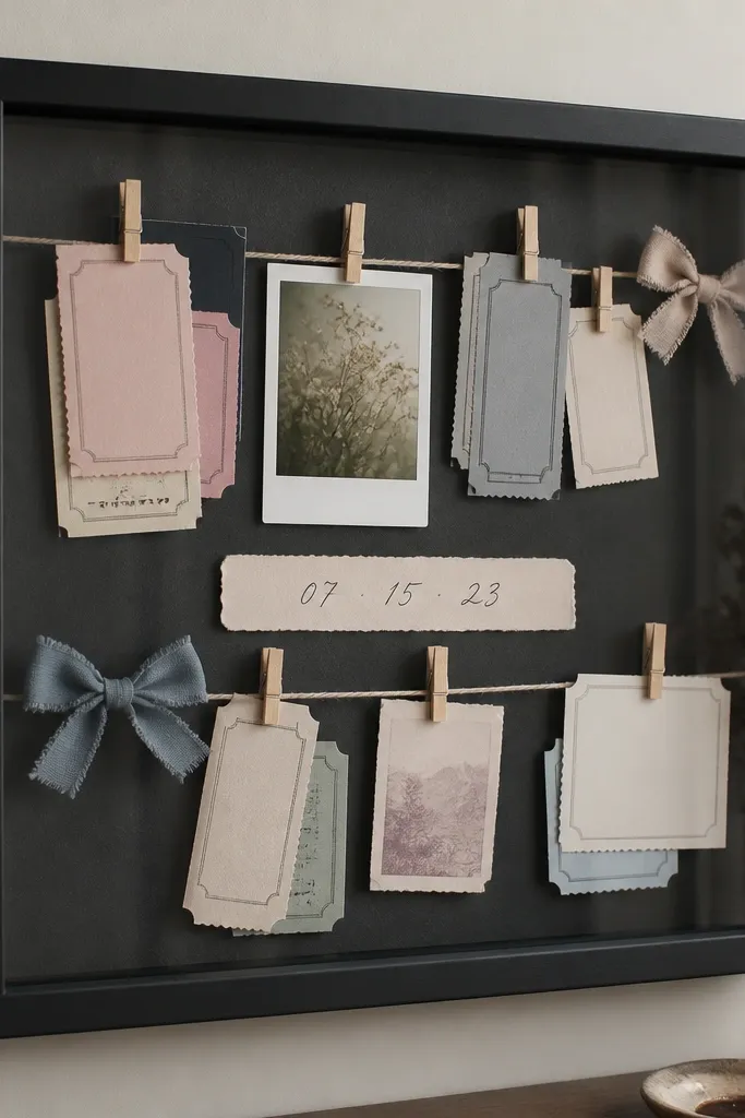 A shadow box frame on a wall. Inside are layered ticket stubs, a movie stub, a handwritten date strip, and tiny fabric bows. The background is a dark charcoal paper. A clear acrylic front protects everything. The stubs are held by small clothespins.