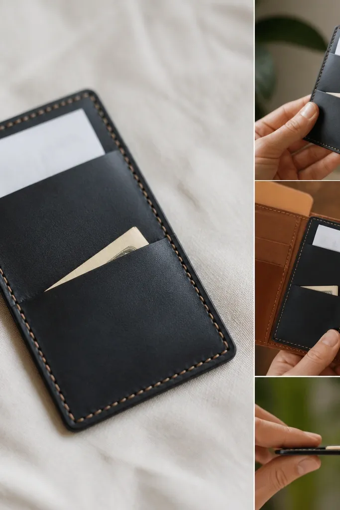 A slim black leatherette insert with two pockets. One pocket holds a small folded note, the other holds a receipt strip. Edges are stitched with tan thread. It slides into a wallet without bulk.