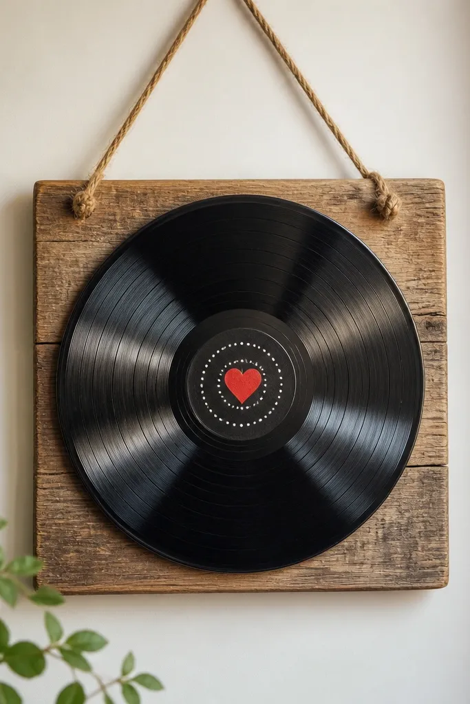 A wall hanging made from a vinyl record mounted on a wooden board. The record is black with a glossy sheen. A small painted red heart sits at the center spindle area, surrounded by tiny white dots. A jute rope hangs from the top.