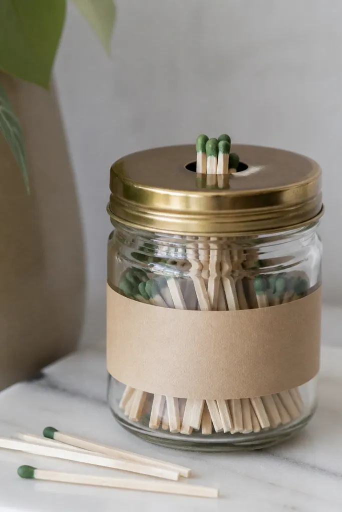 A clear glass candle jar turned into a match holder. The jar has a brass screw-top lid. The front has a strip of kraft paper with a printed label. A small cutout in the lid holds match heads visible. Matches are inside.