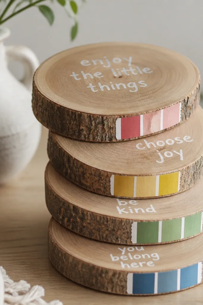 A small stack of round wood slices on a table. Each slice has a short message written in white paint and a colored paint-chip strip taped to the side. The slices have visible wood grain and lightly sanded edges.