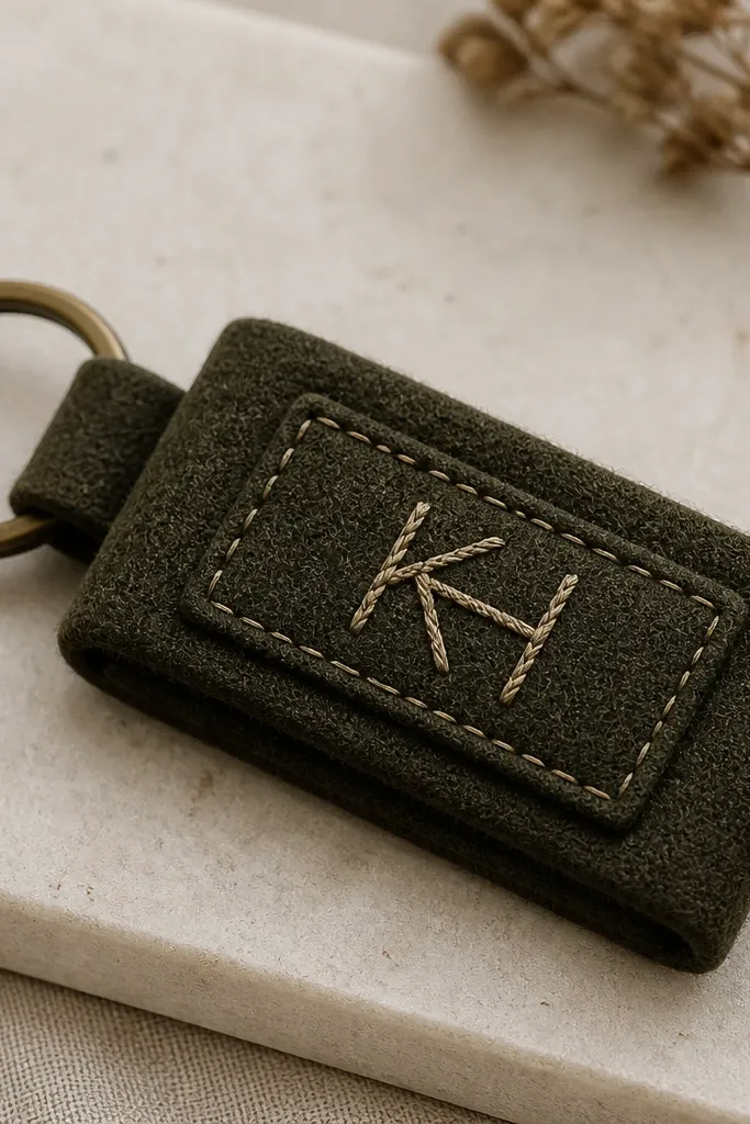 A fabric keychain made from dark olive felt. A stitched patch in the shape of a small rectangle holds a hand-stitched name or initials in light tan thread. The keychain has a metal key ring and a short loop.