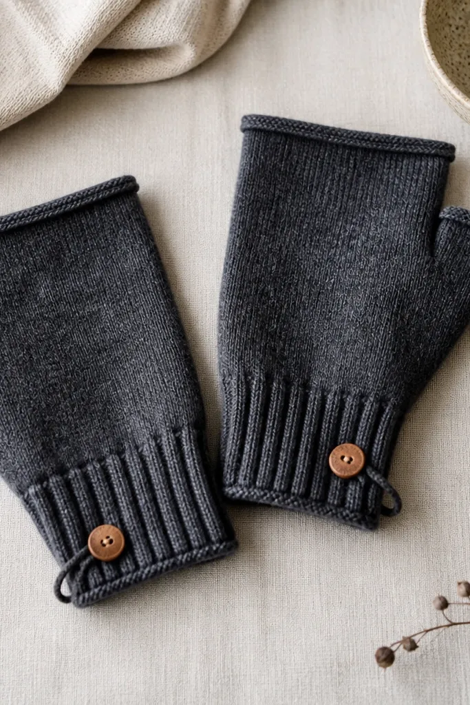 Fingerless gloves made from a knit sweater cuff. The cuffs are dark gray with a ribbed edge. A leather button with a loop closure sits near the wrist. The gloves have neat, raw edges turned under with thread.