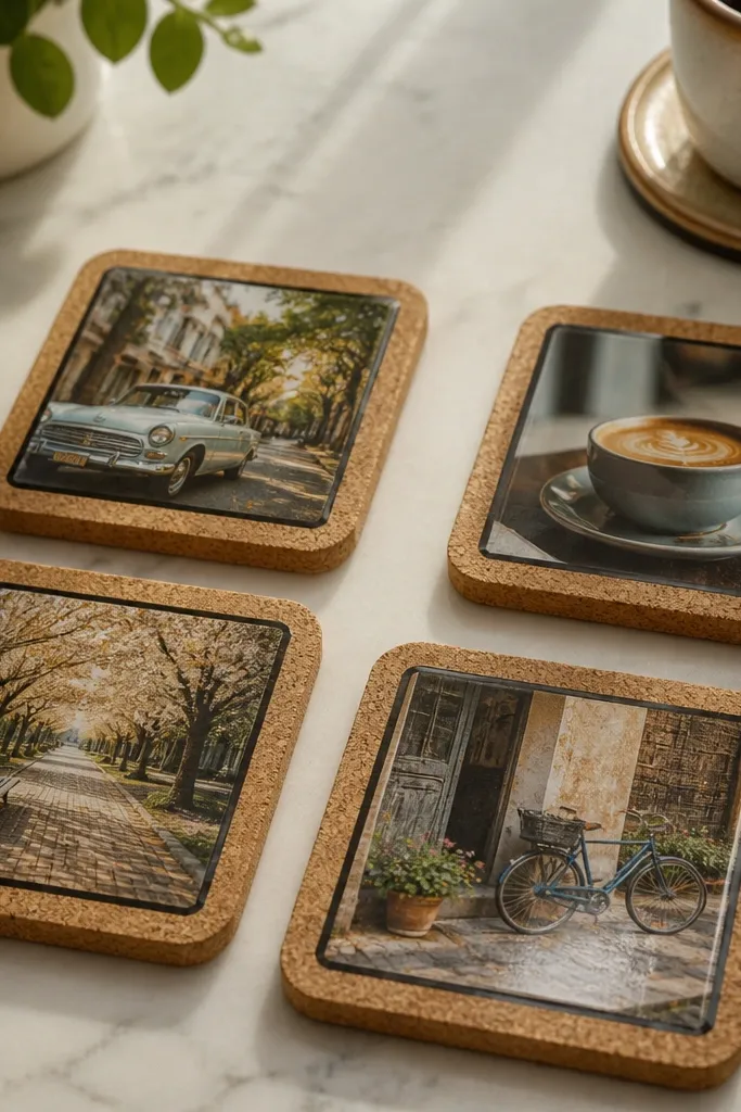 Four cork coasters with small photo transfers. Each coaster has a different mini photo - a car, a coffee cup, a park walkway - framed with a thin black border. The surface has a glossy protective layer.