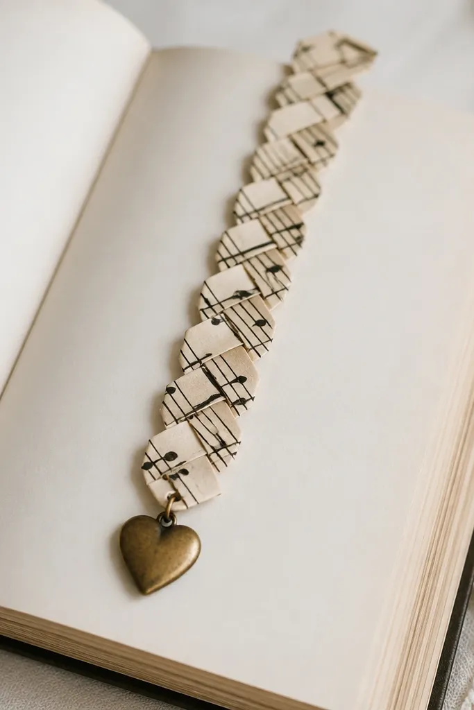 A bookmark made from layered sheet music paper strips. Each strip is folded and glued into a thin chain-like strip. A small metal charm shaped like a heart hangs at the end. The bookmark sits on an open book.