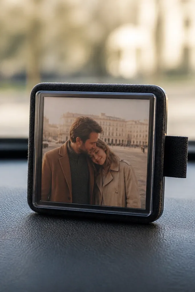 A small photo clip on a car dashboard. The photo is framed by a piece of black felt and a clear plastic cover. The back has a strong magnet and a fabric tab for removal. The photo shows a couple in a simple square.