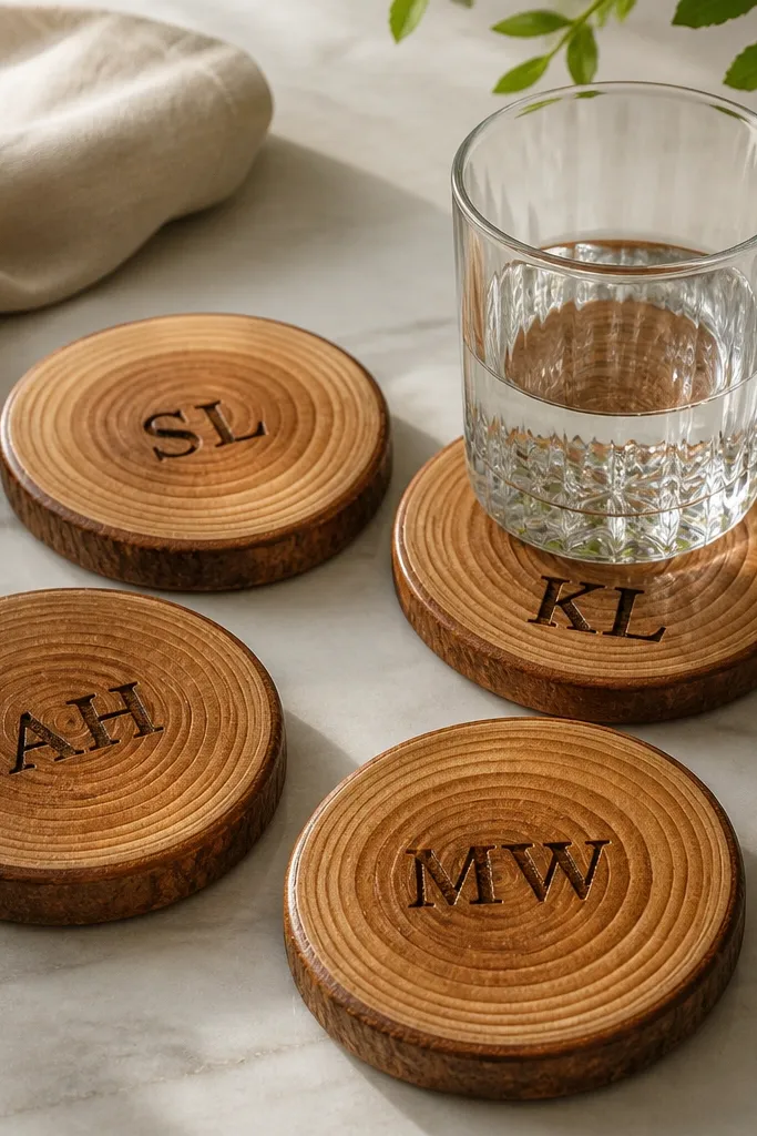 Four round wooden coasters with visible growth rings. Each coaster has initials burned into the center in dark brown. The wood has an oil finish sheen. Coasters are arranged with a small glass on top.