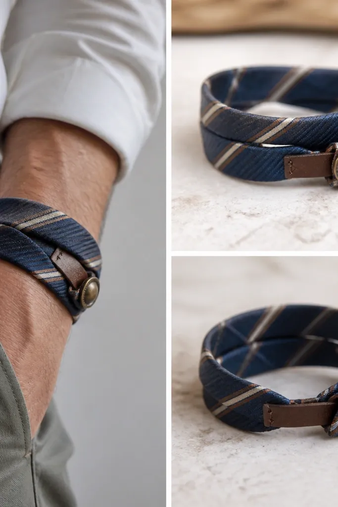 A bracelet made from a repurposed necktie. The tie fabric wraps around the wrist in a double layer. A small hidden loop holds a thin strap piece like a mini watch strap. A metal button closure sits at the side.