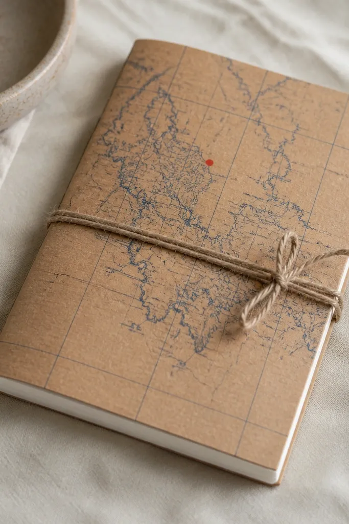 A plain notebook with a handmade cover. The cover is made from kraft paper and has a printed map coordinate line in blue ink. A small red dot marks the spot. The edges are trimmed neatly and tied with twine.