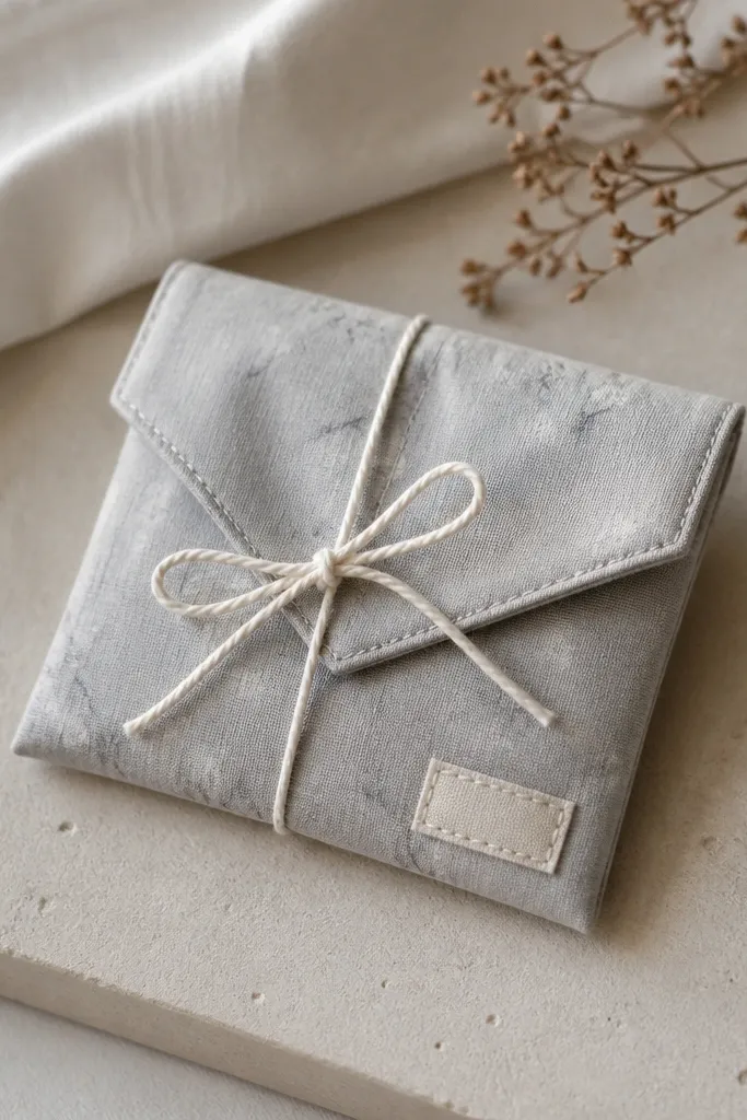 A small sachet sewn from a repurposed fabric pocket liner, shown as a small envelope pouch. It's tied shut with cotton twine and has a tiny stitched label with a date. The fabric is light gray with a subtle pattern.