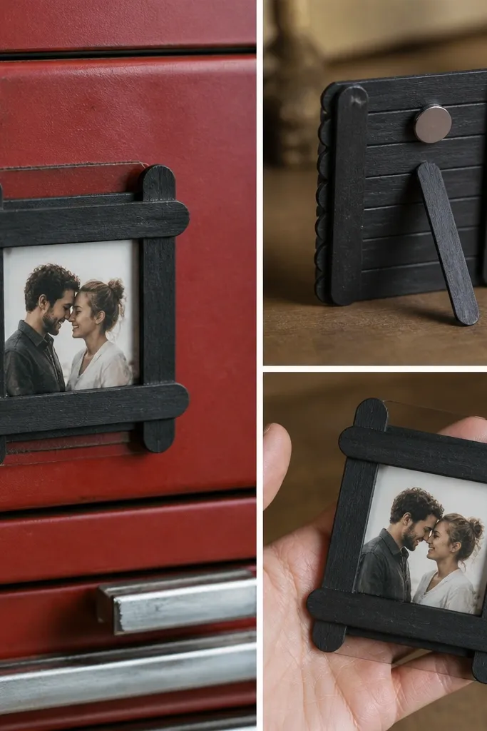 A tiny photo holder built from popsicle sticks painted matte black. A clear plastic window protects the photo. The back has a fold-out stand and a small magnet so it sticks to a metal toolbox. The photo is a small square of the couple.