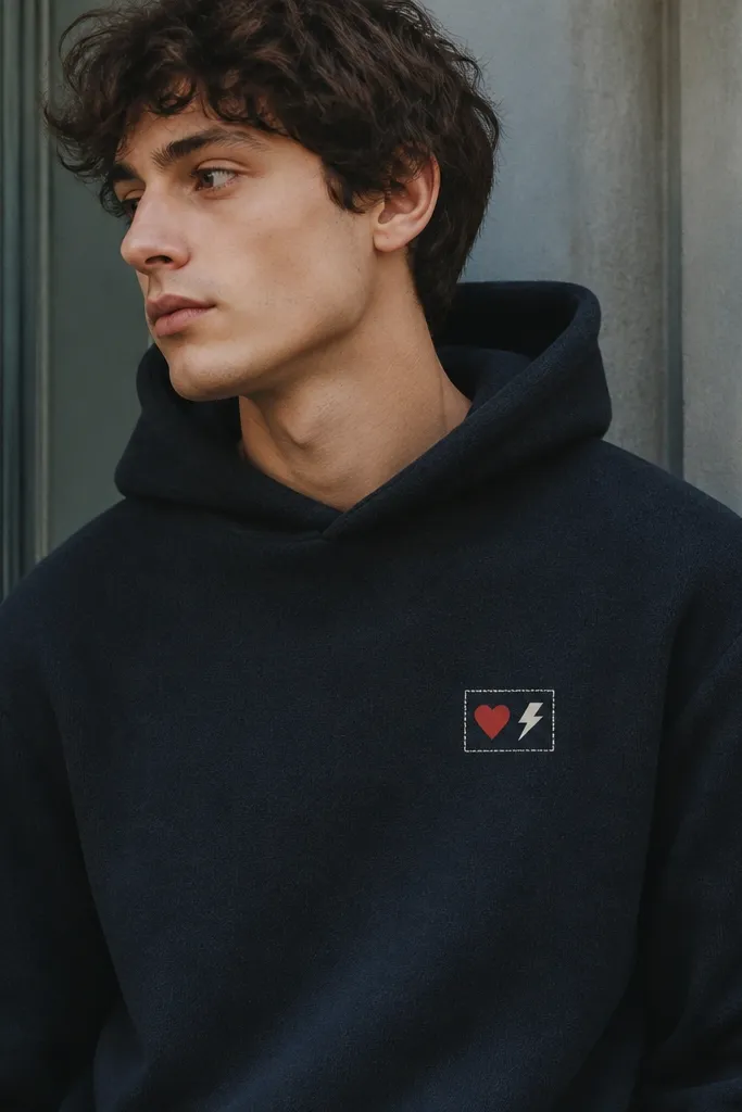 A dark hoodie with a custom patch on the chest. The patch is a small rectangle with a faux stitched border in white thread look. Inside the patch is a simple graphic - a tiny heart plus a lightning bolt - in two colors. The patch edges are smooth and flat.