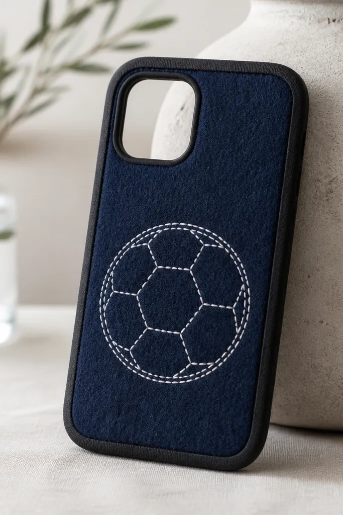A navy felt phone cover with a stitched soccer ball icon in white thread, finished with black bias tape around the edges; the camera cutout is clean and the corners are slightly rounded.