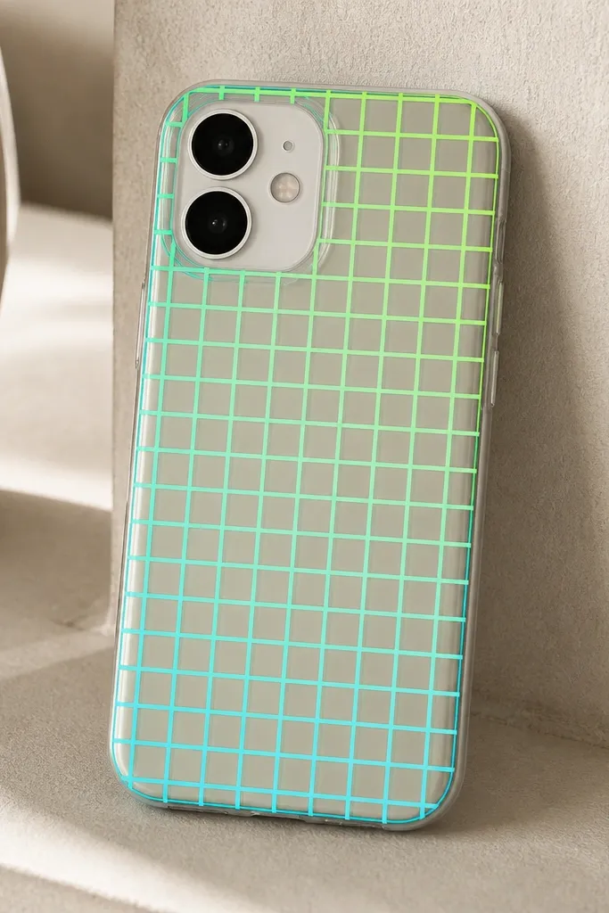 A transparent phone case wrapped with a neon green and cyan grid pattern vinyl; the grid aligns neatly around the camera opening and the edges look sealed.