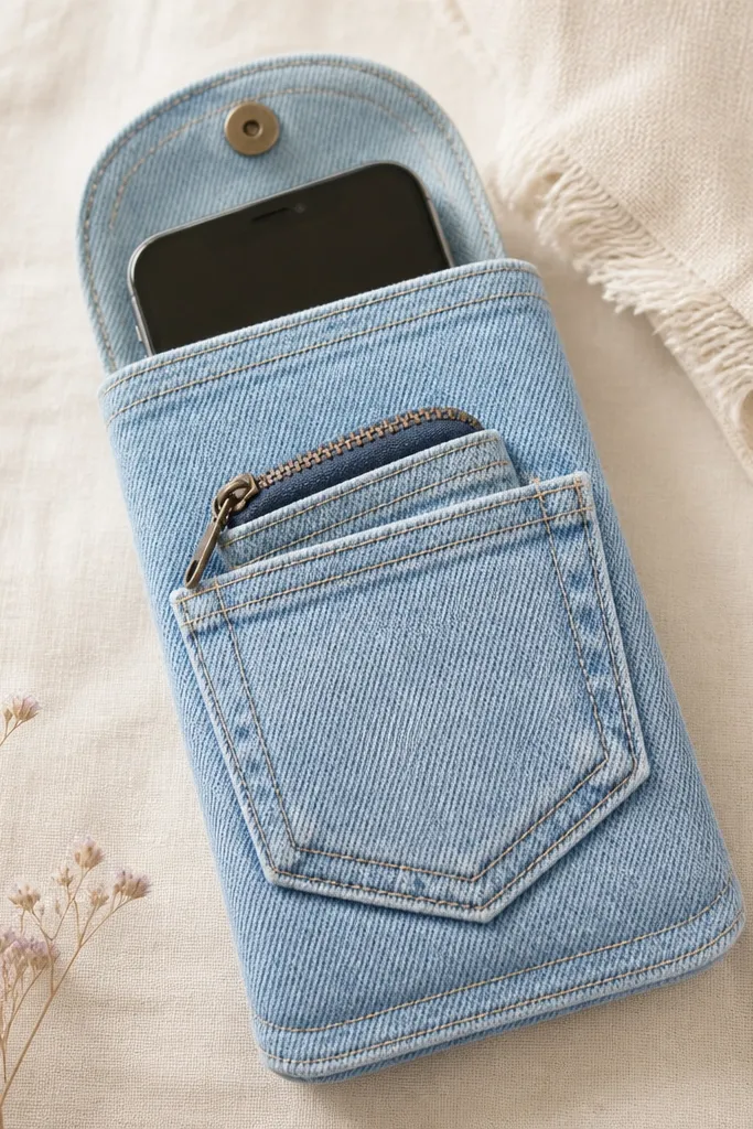 A light blue denim cover with a stitched fake back pocket holding a small zip pouch; the phone sits inside a denim flap with a snap.
