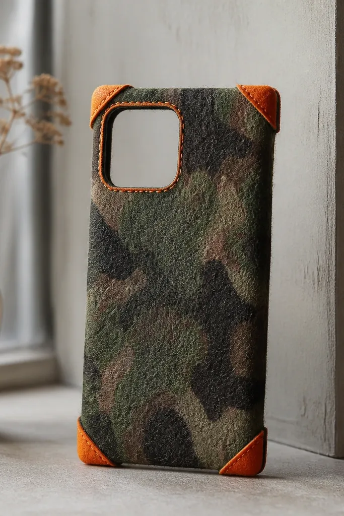 Green-brown camouflage felt phone cover with bright orange felt corner tabs at each corner; the camera cutout is outlined with orange stitching.