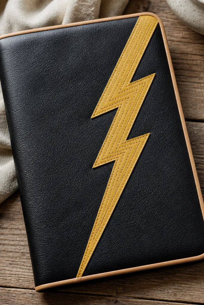 A black faux leather cover with a yellow lightning bolt made from layered leather strips; edges are finished with a thin tan bias strip.
