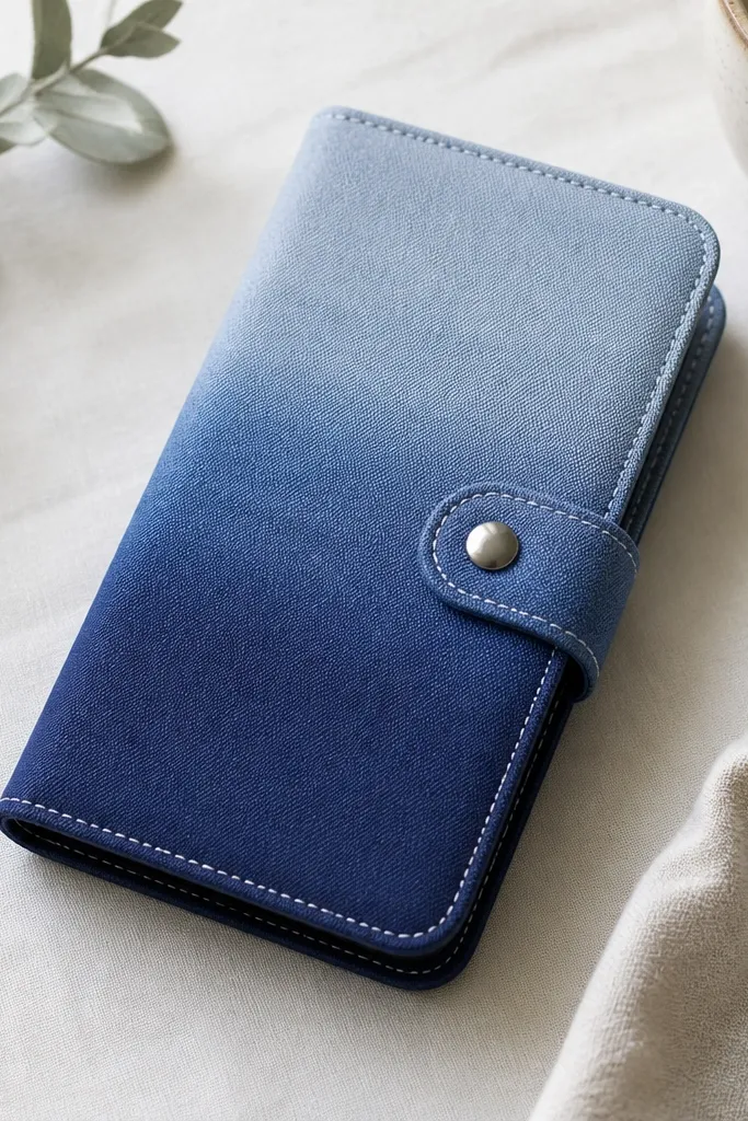 An ombre fabric phone cover fading from light gray-blue to deep navy, with a double-layer flap and a snap closure; stitching is visible along the flap edge.