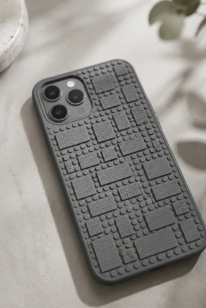 A gray phone cover decorated with raised rectangular foam tiles like Technic blocks; tiny black dots suggest studs around the edges.