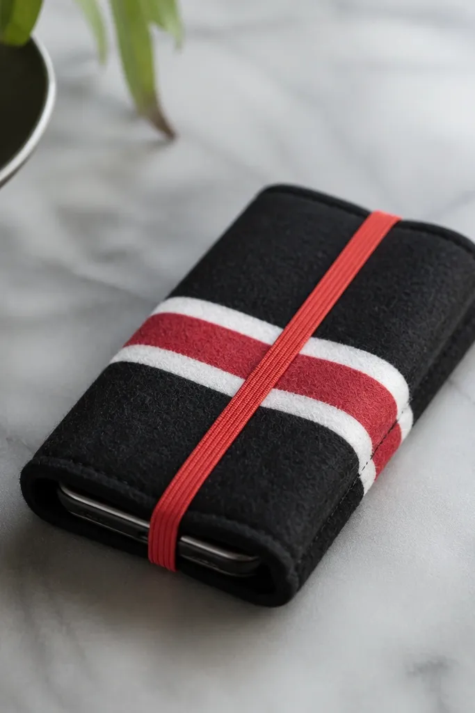 A black felt cover with red and white stripe bands across the front like a superhero mask; a red elastic band holds the phone shut.
