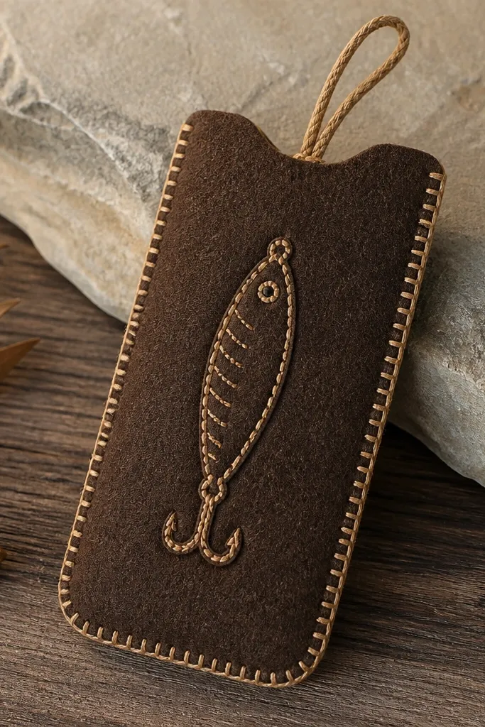 A brown felt phone cover with a stitched fishing lure shape and a small rope loop on top for hanging; the stitching is tan and bold.