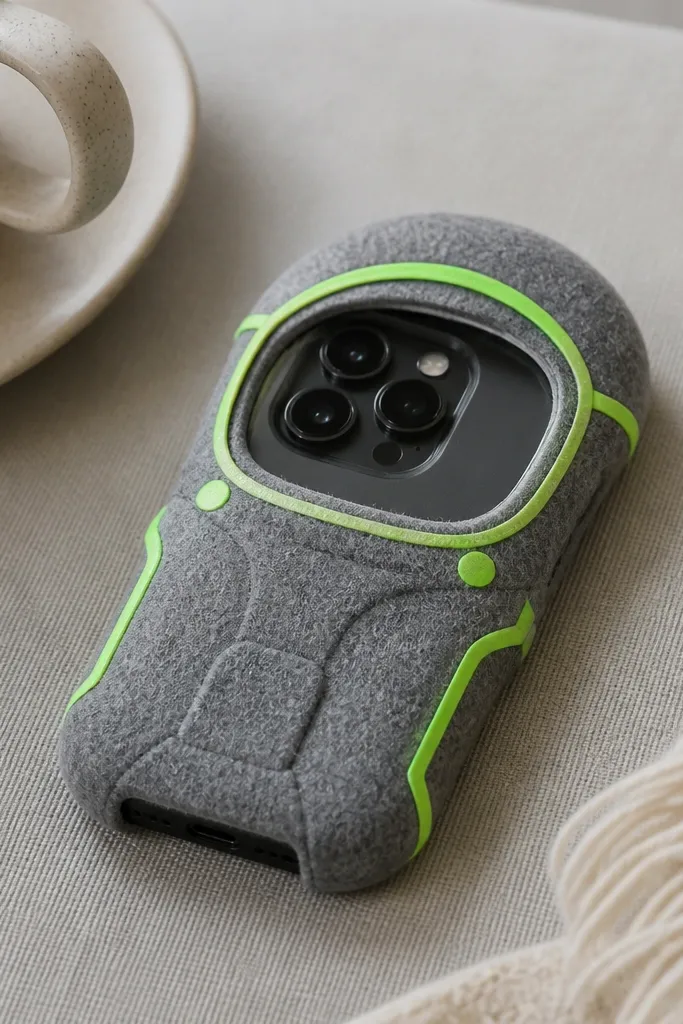 A gray felt phone cover shaped like a helmet with a clear plastic window over the camera area; edges have strips of neon glow tape.