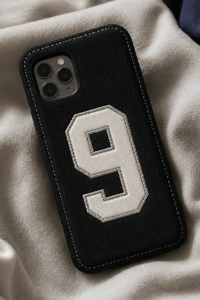 A black fabric phone cover with a large white number in the center and reflective thread outlining the number; edges have a simple stitched border.