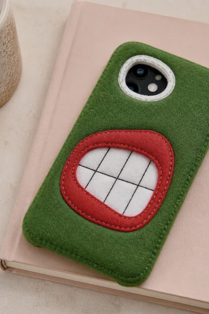 A green felt phone cover with a stitched red mouth opening and a white tooth grid lining inside; the camera opening is framed like an eye.
