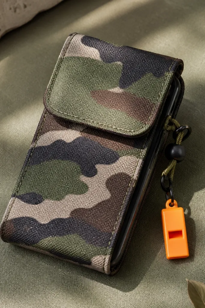 A camo fabric phone cover with a small orange whistle charm attached to a side lanyard; the cover has a velcro flap.