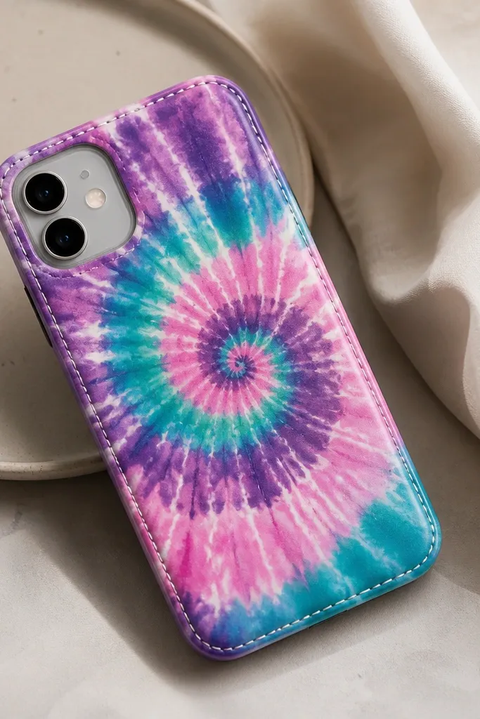 A tie-dye spiral fabric phone cover in purple, teal, and pink; the surface looks slightly glossy from a clear coat, and edges are stitched with white thread.