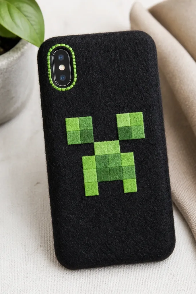 A black felt phone cover with a green pixel creeper face made from small felt squares; the camera opening is framed with lighter green stitching.