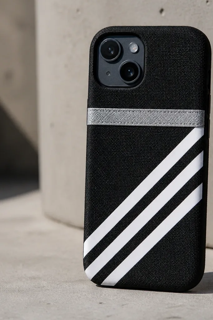 A black fabric phone cover with bold white diagonal stripes and a horizontal reflective tape band near the top; the camera area is neatly cut.