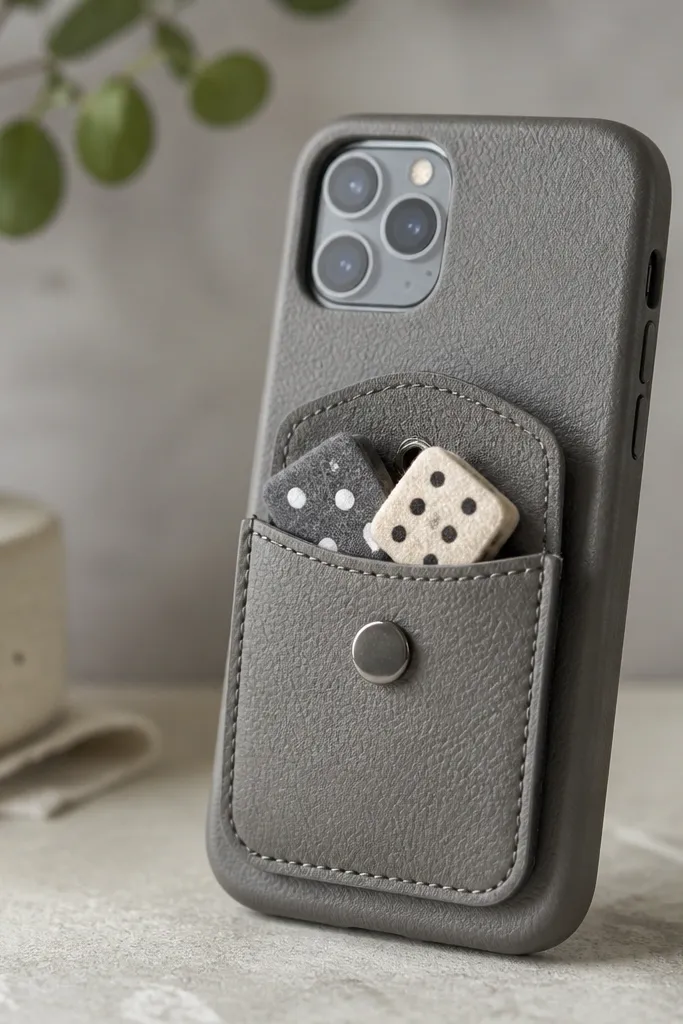A gray leatherette phone cover with a flap pocket holding a small set of felt dice icons; the flap has a snap and stitched edges.