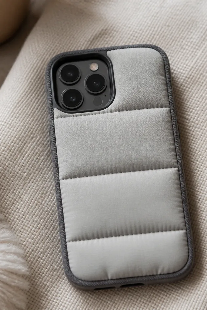 A light gray quilted phone cover with three horizontal stitch lines and a soft padded feel; the edges are bound in dark gray fabric.