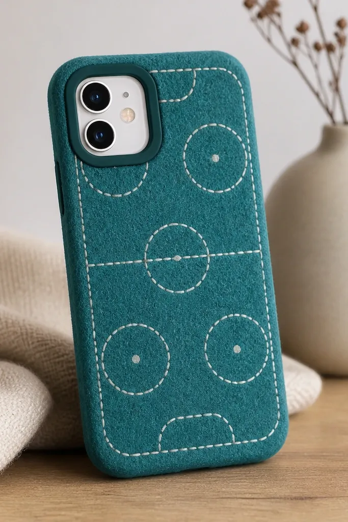 A teal felt phone cover with white dashed "rink lines" across the front; the camera opening sits inside a small dark teal frame.