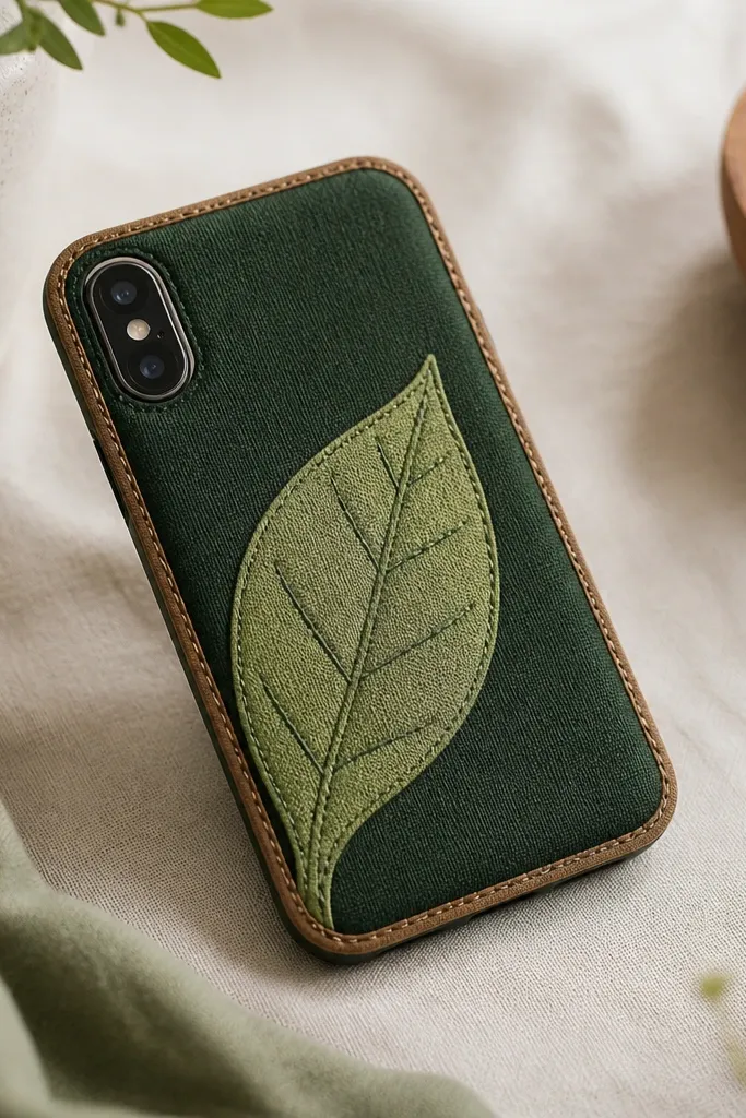 A dark green fabric phone cover with a large leaf applique in lighter green; the leaf has stitched vein lines and the edges are bound in tan.
